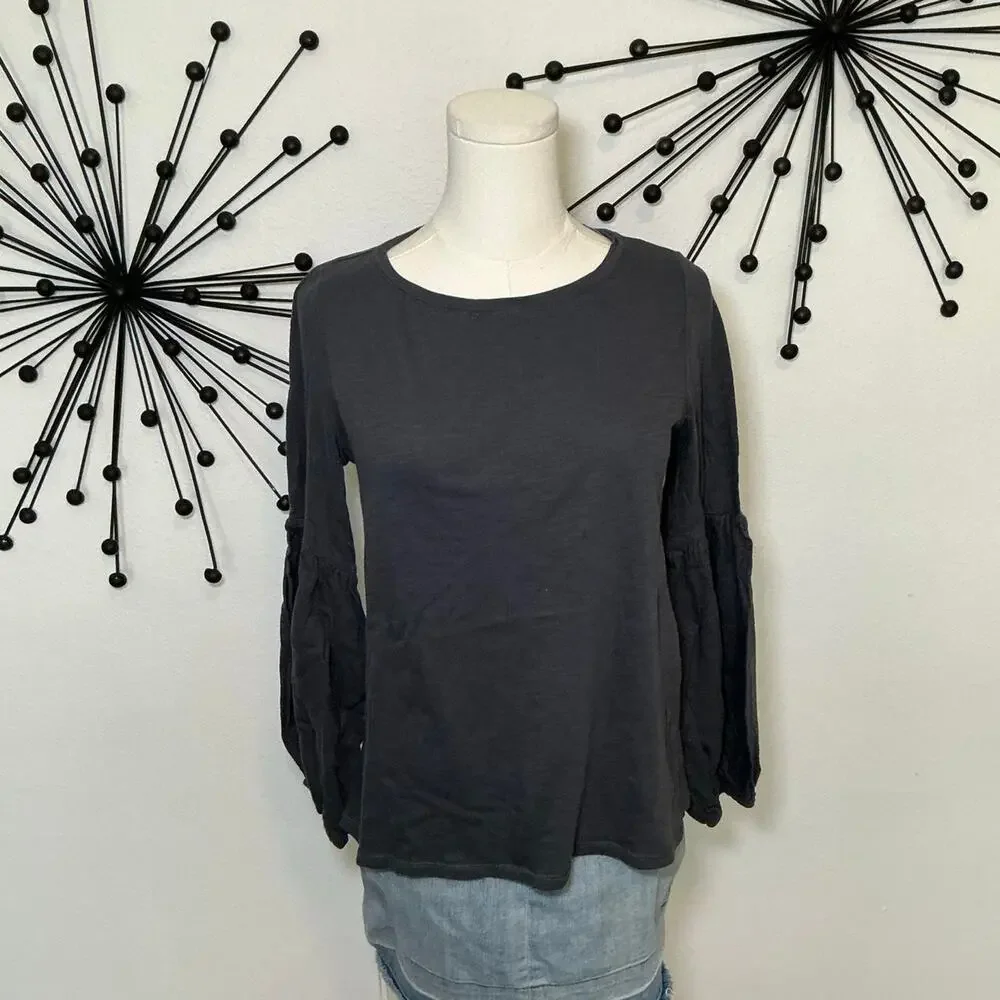 LOFT Gray Balloon Sleeve Knit Top Size Small Long Sleeve Crew Neck Blouse